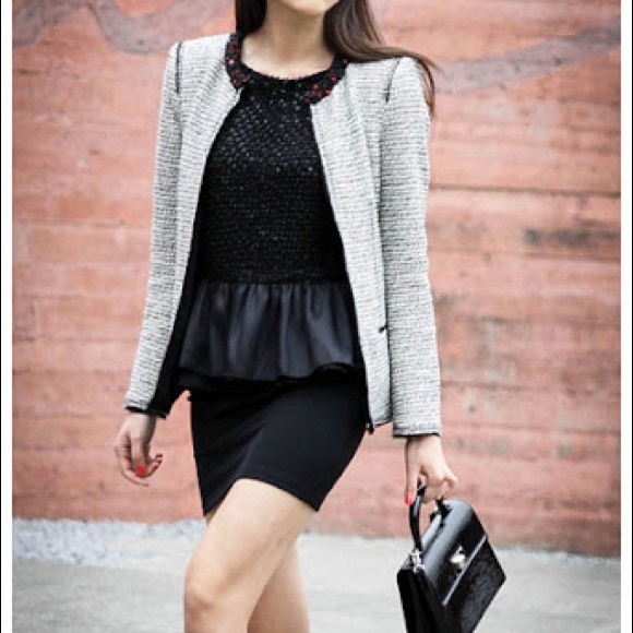 Zara Tweed Boucle Blazer Beaded Neckline Medium - Picture 2 of 12